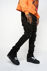JOURNEY TO GREATNESS" CARGO FLARE STACK DENIM (JET BLACK)