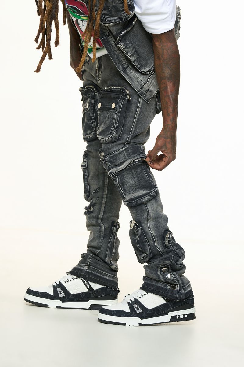 "JOURNEY TO GREATNESS" CARGO FLARE STACK DENIM (BLACK)