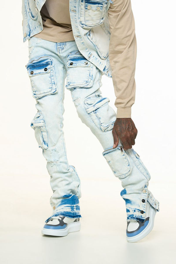 "JOURNEY TO GREATNESS" CARGO FLARE STACK DENIM (LIGHT BLUE)