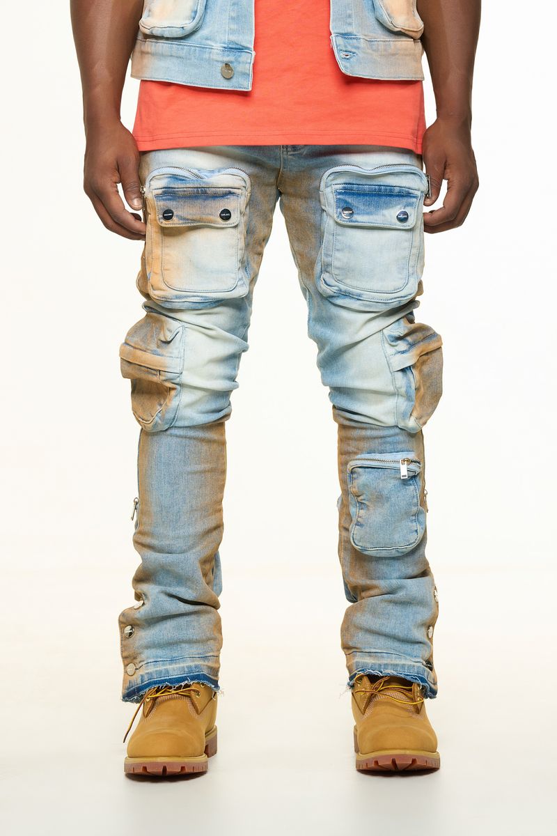 "JOURNEY TO GREATNESS" CARGO FLARE STACK DENIM (ORANGE OVER-DYE)