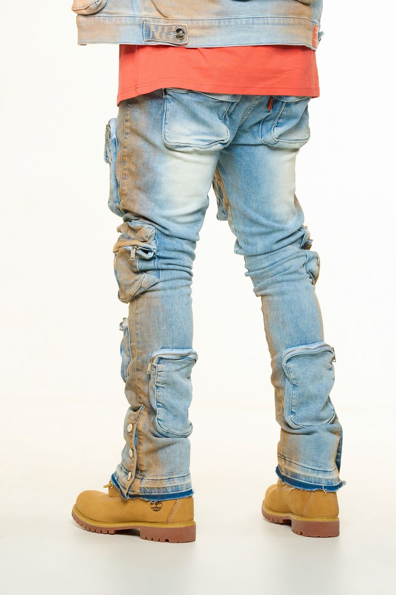 "JOURNEY TO GREATNESS" CARGO FLARE STACK DENIM (ORANGE OVER-DYE)