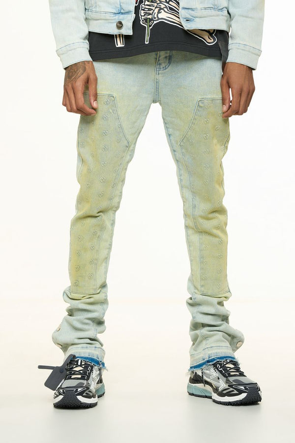 "MENDING HEARTS" EMBOSSED FLARE STACK DENIM (LIGHT BLUE/SAND)