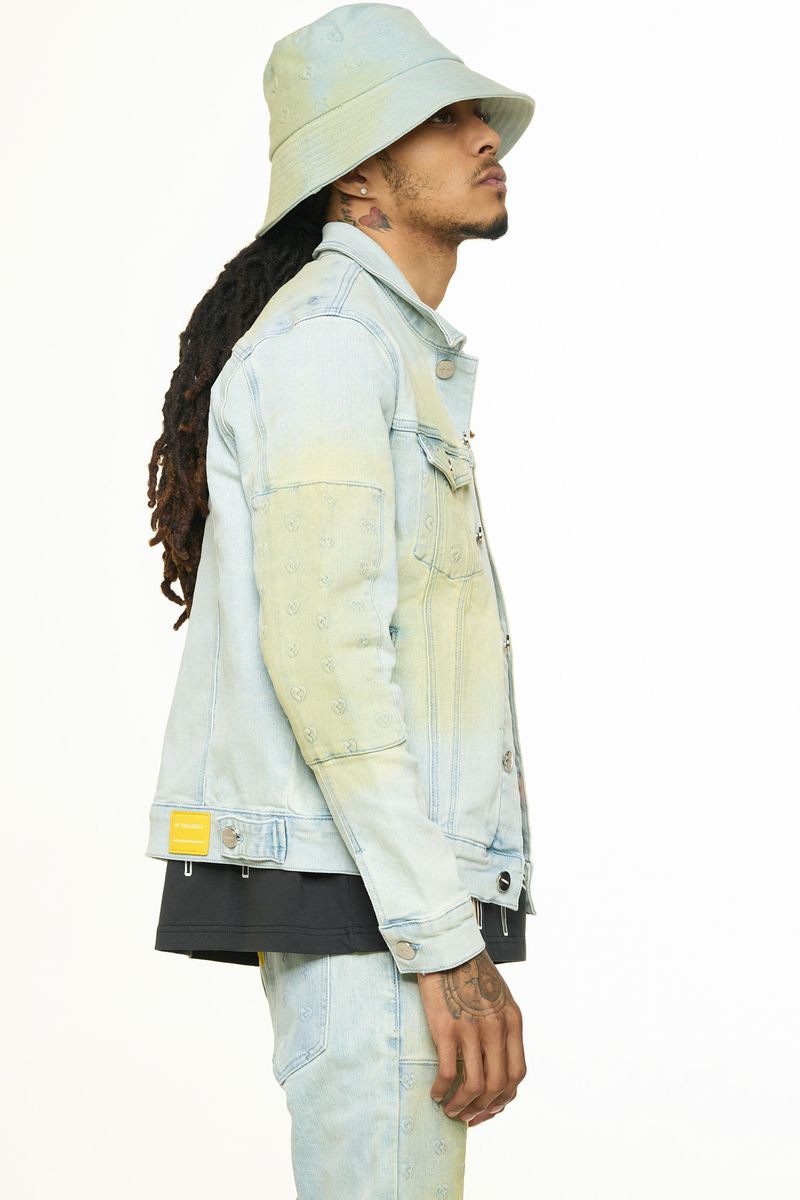 "MENDING HEARTS" EMBOSSED DENIM JACKET (LIGHT BLUE/SAND)