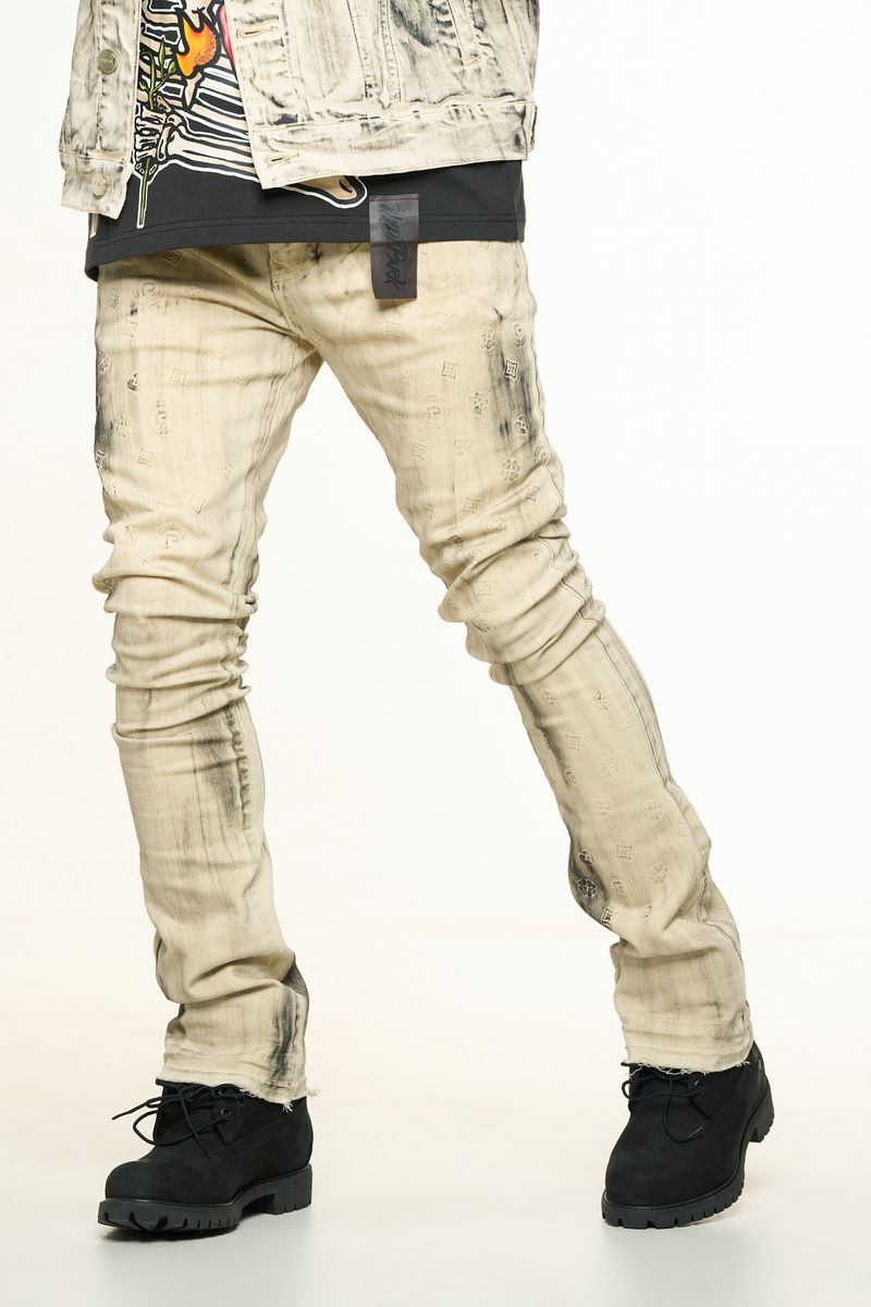 "NEW EMOTIONS" EMBOSSED FLARE STACK DENIM (LIGHT GREY BLACK OVERDYE)