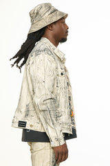 "NEW EMOTIONS" EMBOSSED DENIM JACKET (LIGHT GREY BLACK OVERDYE)