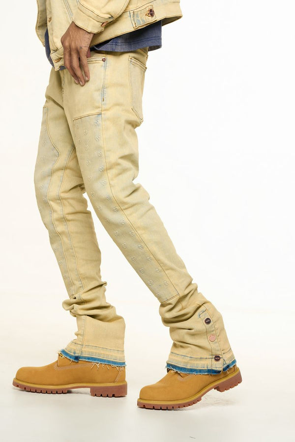 "MENDING HEARTS" EMBOSSED FLARE STACK DENIM (LIGHT BLUE/SAND)