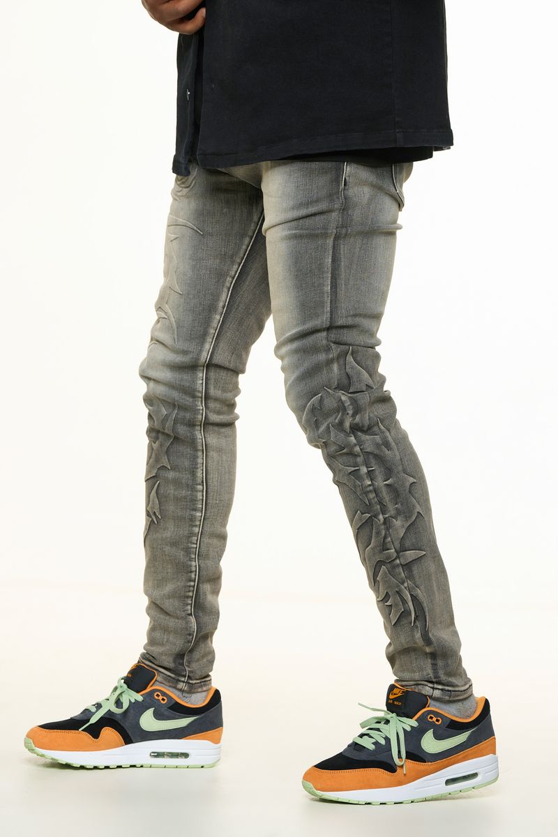 "LOVE IS PAIN" EMBOSSED SKINNY DENIM (CHARCOAL GREY/SAND)