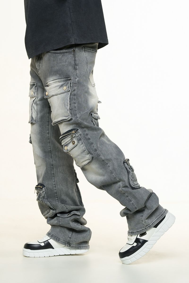 "HEAVY THOUGHTS" CARGO BAGGY DENIM (CHARCOAL GREY WASH)