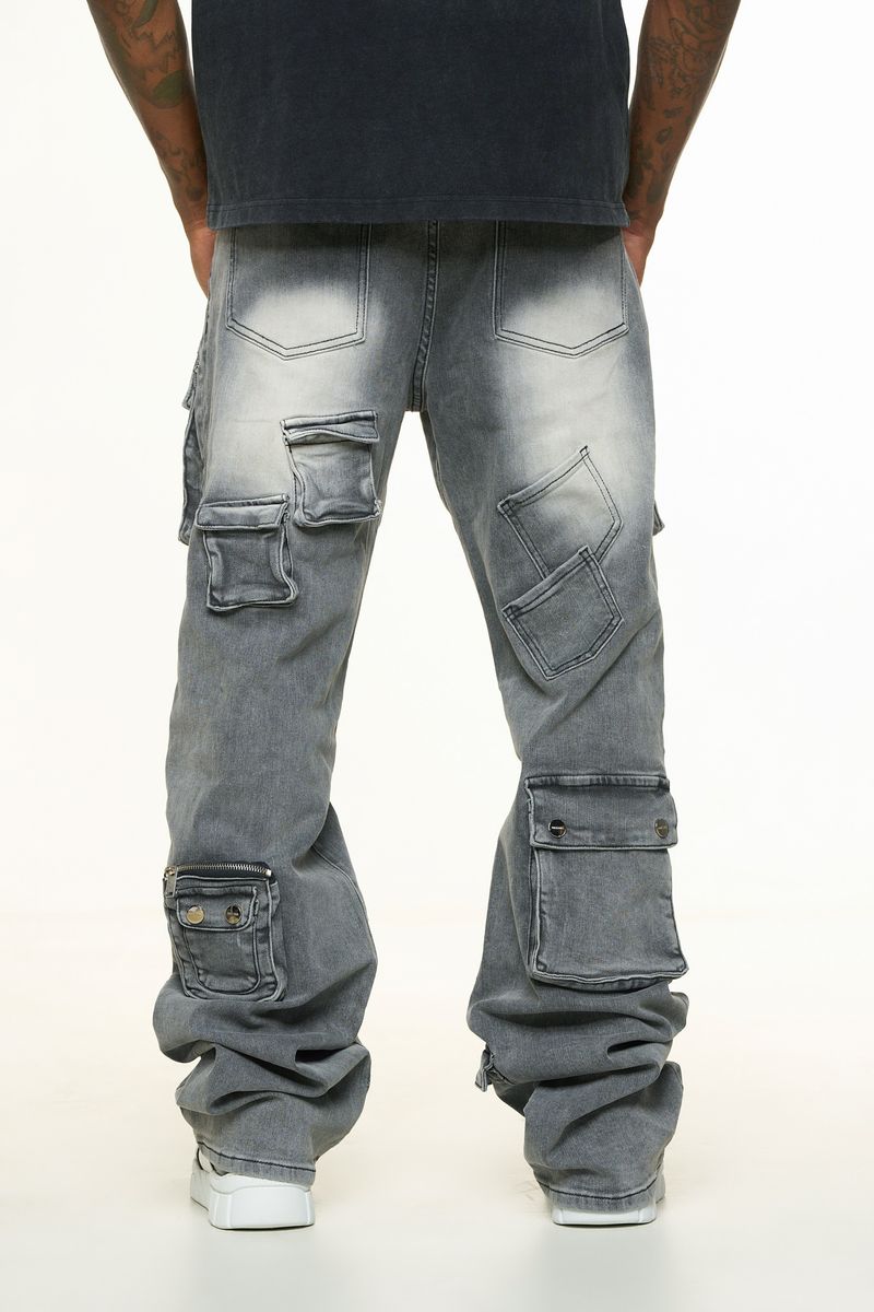 "HEAVY THOUGHTS" CARGO BAGGY DENIM (CHARCOAL GREY WASH)