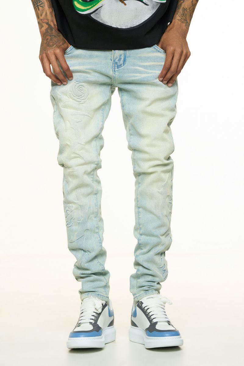 "LOVE IS PAIN" EMBOSSED SKINNY DENIM (LIGHT BLUE/SAND)