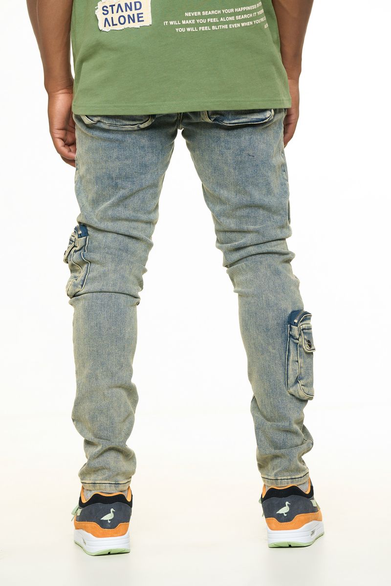 "LUCID DREAMS" CARGO SKINNY DENIM (MEDIUM BLUE/ SAND)