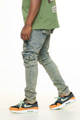 "LUCID DREAMS" CARGO SKINNY DENIM (MEDIUM BLUE/ SAND)