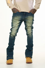 "EMOTIONALLY DRIVEN"FLARE STACK DENIM (MEDIUM BLUE VINTAGE WASH)