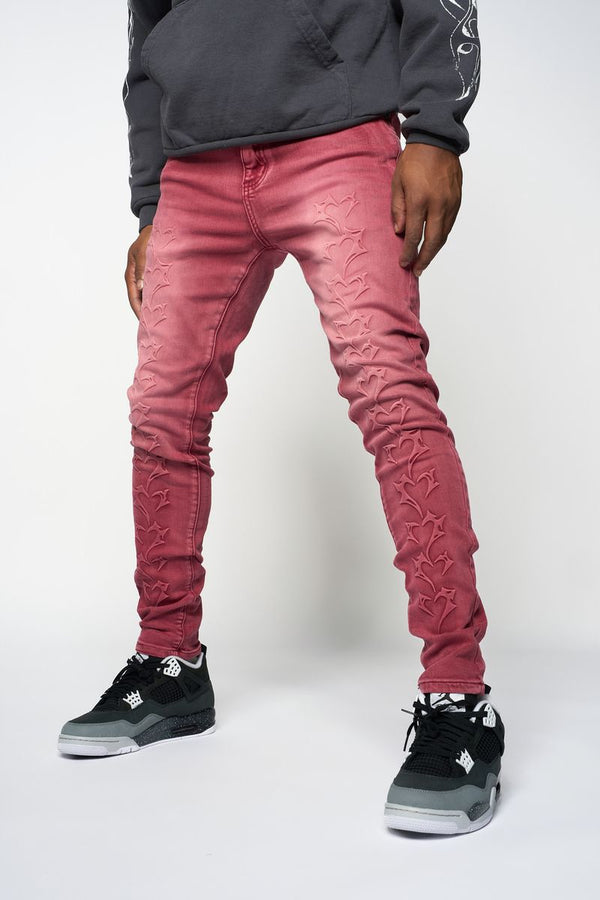 "SHATTERED HEARTS" SKINNY DENIM (BURGUNDY)