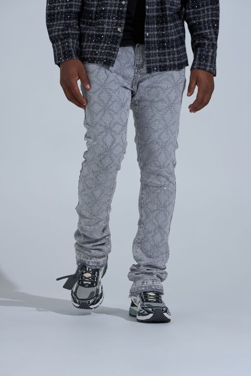 "FIRST MILLION" RHINESTONE STACK DENIM (LIGHT GREY)