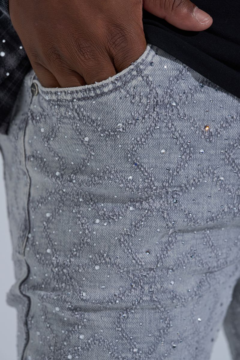 "FIRST MILLION" RHINESTONE STACK DENIM (LIGHT GREY)