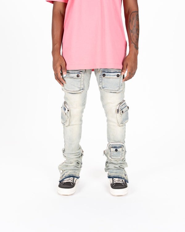 "JOURNEY TO GREATNESS" CARGO FLARE STACK DENIM