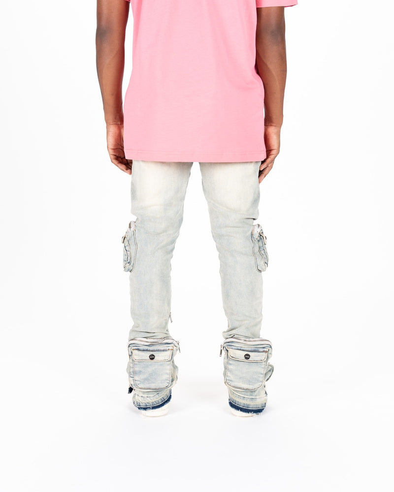 "JOURNEY TO GREATNESS" CARGO FLARE STACK DENIM