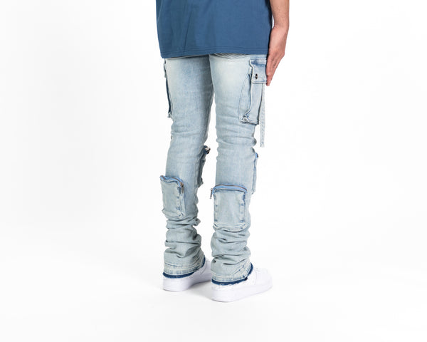 "NEVER LOOK BACK" CARGO FLARE STACK DENIM