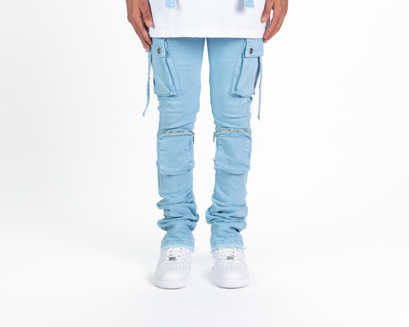 "NEVER LOOK BACK" CARGO FLARE STACK DENIM