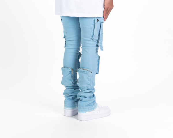 "NEVER LOOK BACK" CARGO FLARE STACK DENIM