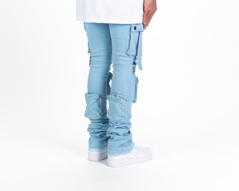 "NEVER LOOK BACK" CARGO FLARE STACK DENIM