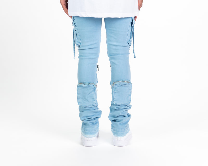 "NEVER LOOK BACK" CARGO FLARE STACK DENIM