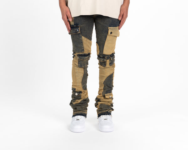 "MY PLEASURE" CARGO FLARE STACK DENIM