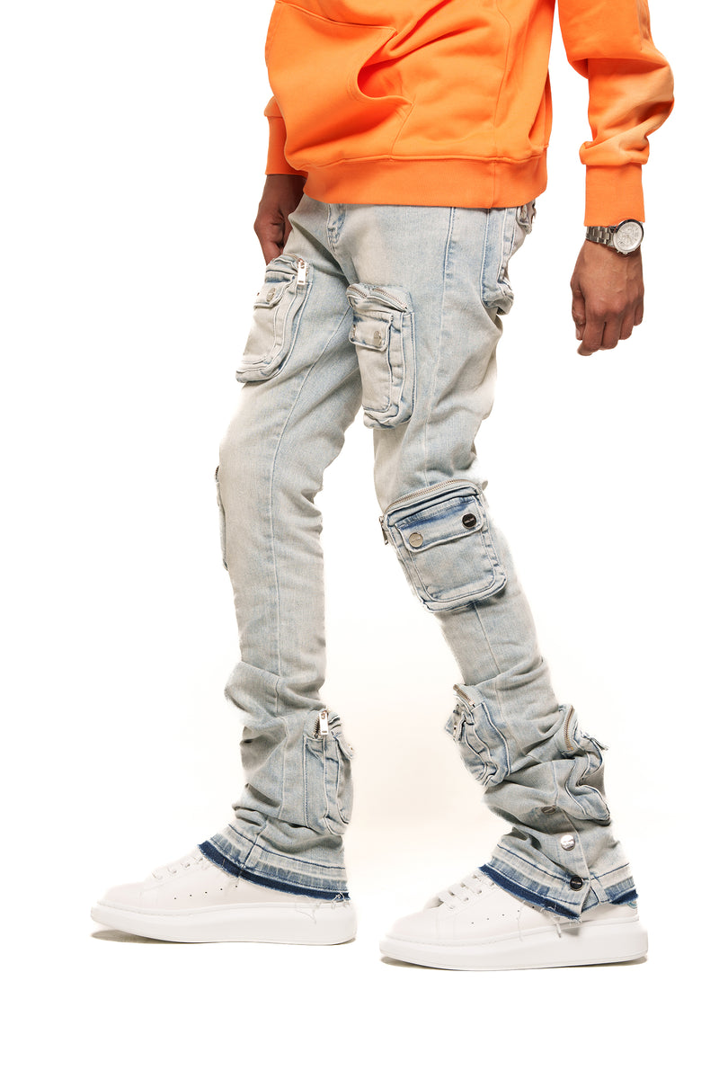 "JOURNEY TO GREATNESS" LIGHT BLUE CARGO FLARE STACK DENIM (LIGHT BLUE)