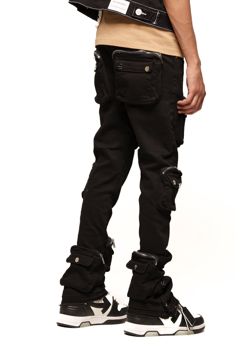 JOURNEY TO GREATNESS"  CARGO FLARE STACK DENIM (JET BLACK)