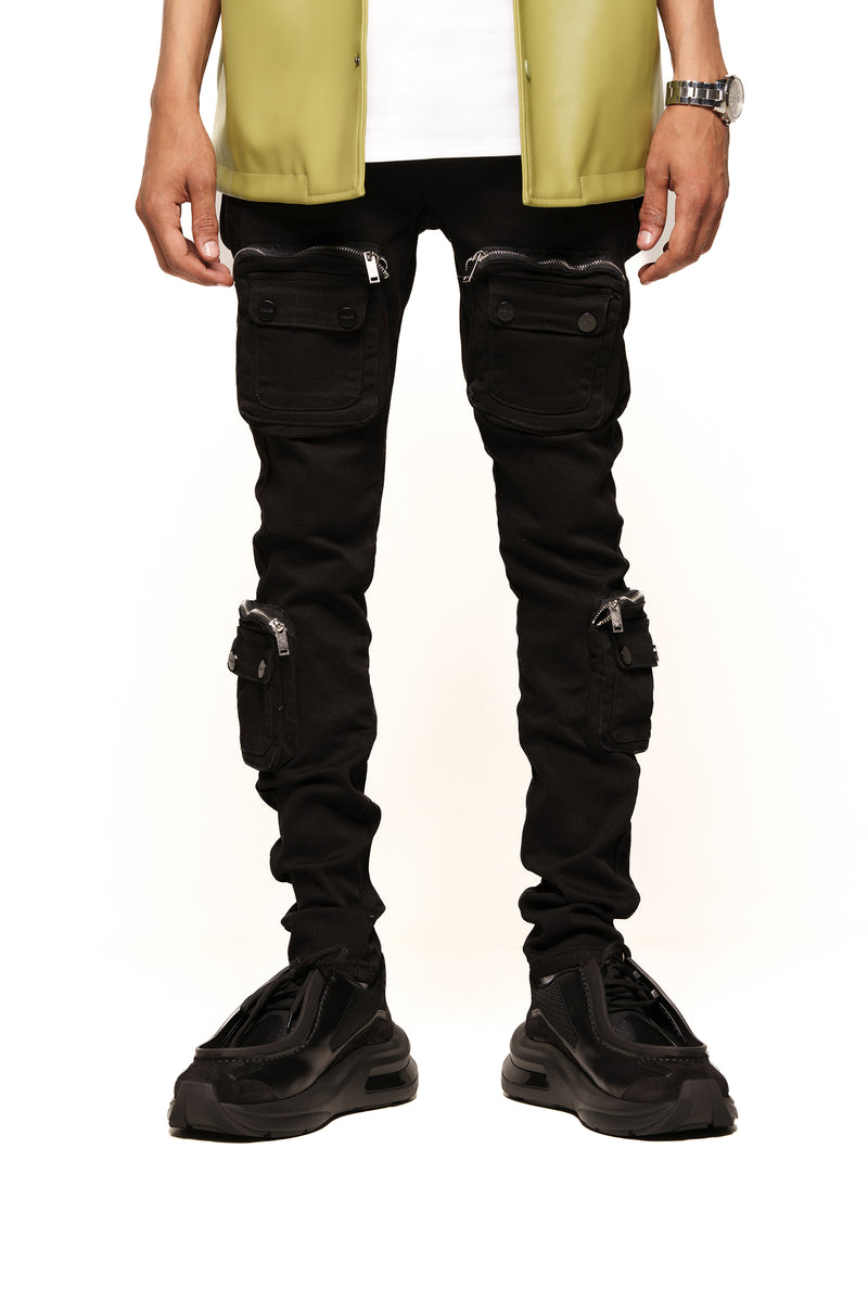 "TIME DON'T WAIT" CARGO SKINNY DENIM (JET BLACK)