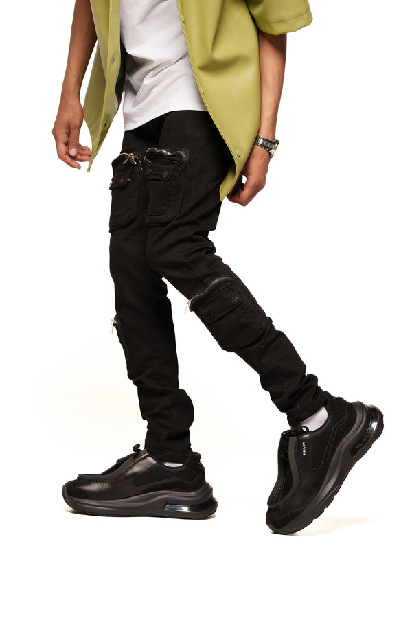 "TIME DON'T WAIT" CARGO SKINNY DENIM (JET BLACK)