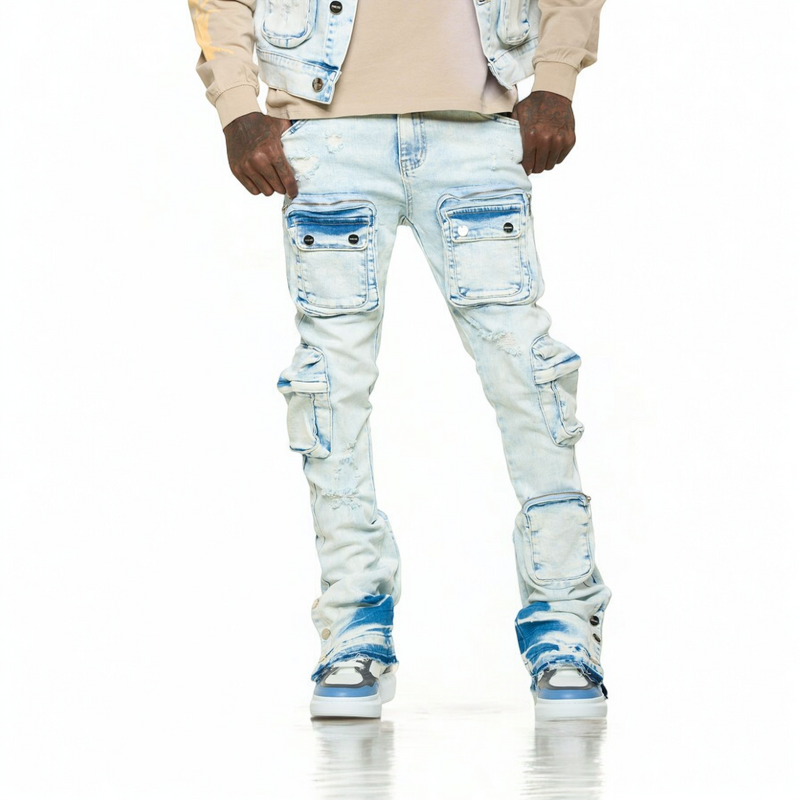 "JOURNEY TO GREATNESS" CARGO FLARE STACK DENIM (LIGHT BLUE)