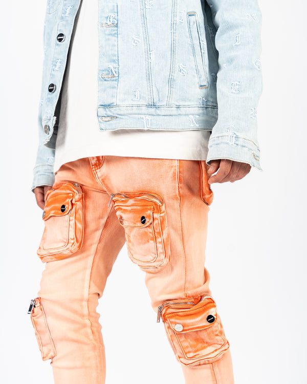 "JOURNEY TO GREATNESS" CARGO FLARE STACK DENIM