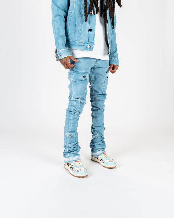 "MY PLEASURE" CARGO FLARE STACK DENIM