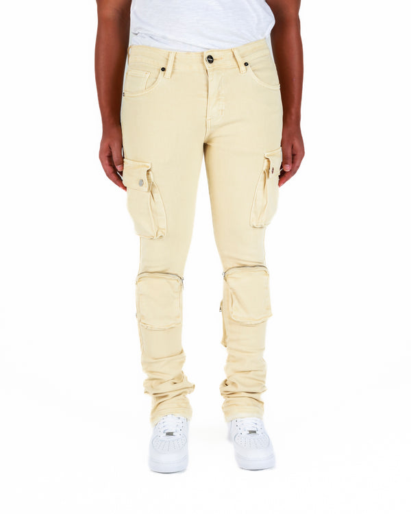 "NEVER LOOK BACK" CARGO FLARE STACK DENIM